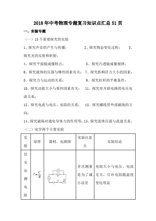 2018年中考物理专题复习知识点汇总51页