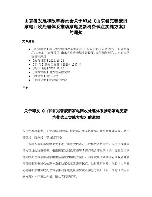 山东省发展和改革委员会关于印发《山东省完善废旧家电回收处理体系推动家电更新消费试点实施方案》的通知