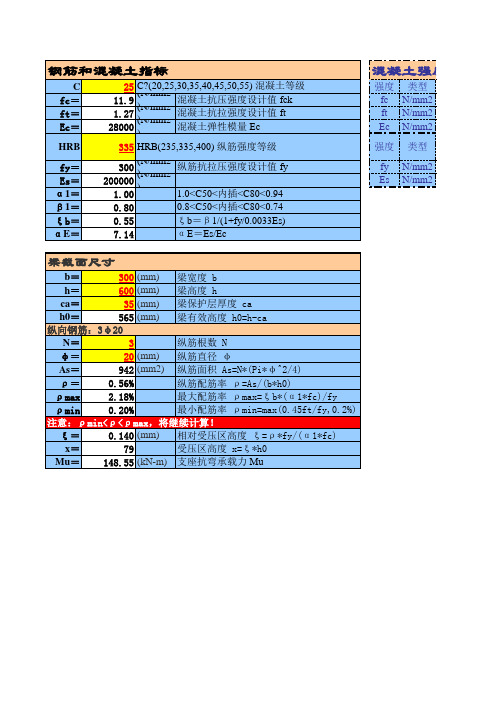 【免费工程实用表格】梁正截面抗弯承载力计算表.xls