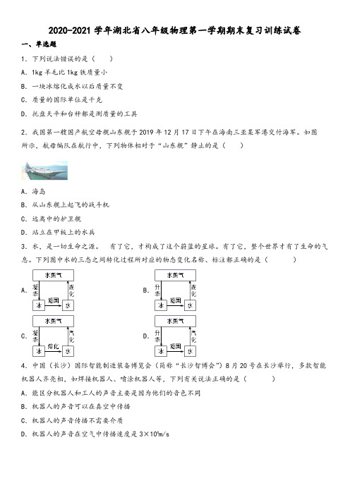 2020-2021学年湖北省八年级物理第一学期期末复习训练试卷