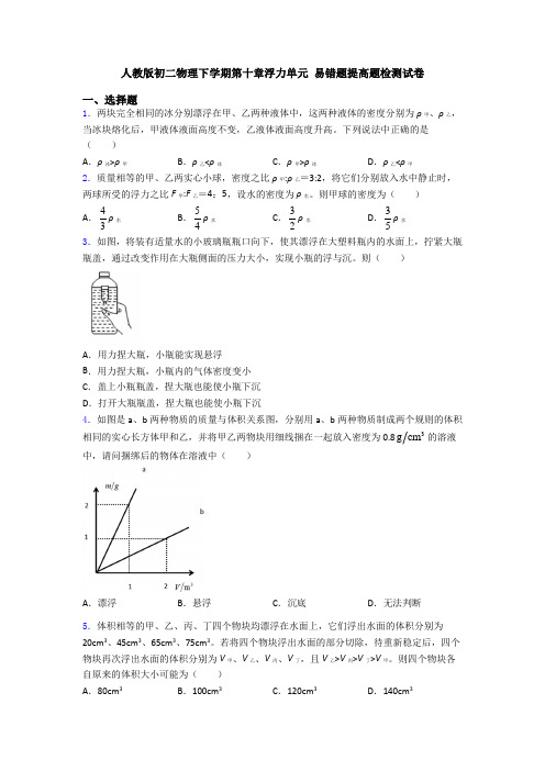 人教版初二物理下学期第十章浮力单元 易错题提高题检测试卷