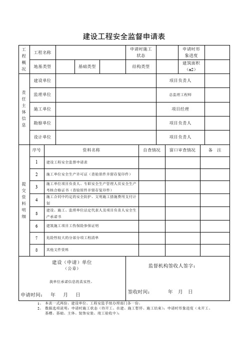 建设工程安全监督申请表