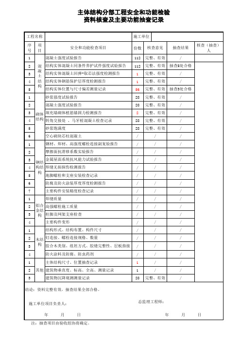 主体结构验收分部工程安全和功能检验资料核查及主要功能抽查记录