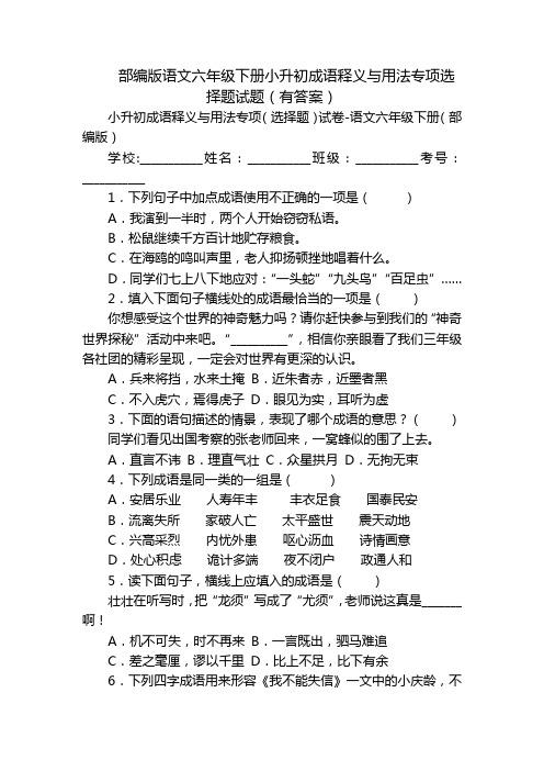 部编版语文六年级下册小升初成语释义与用法专项选择题试题(有答案)