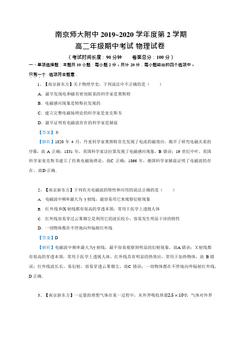 【物理解析】2020江苏省南京市南师附中高二物理期中考解析