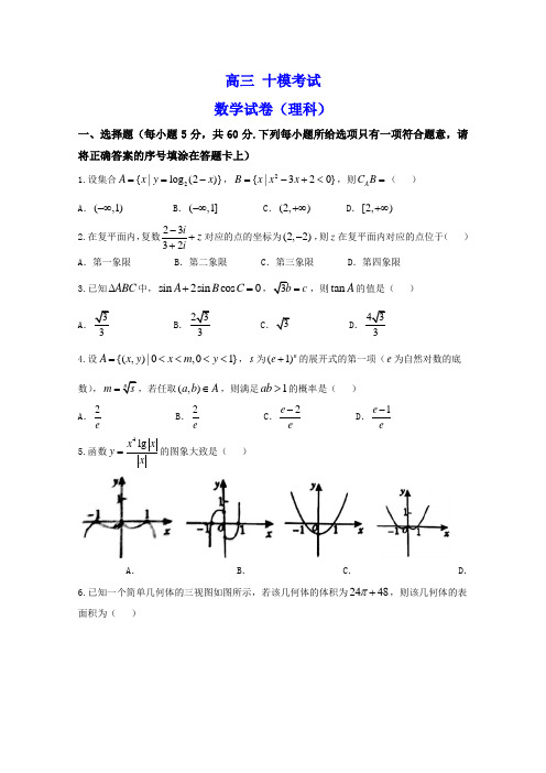 上海市2018-2019年高三第十次模拟考试数学(理)试题含答案