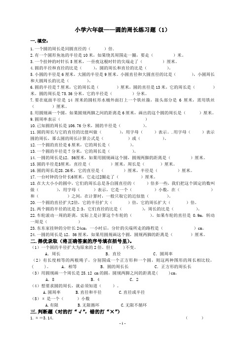 【人教版】小学六年级数学圆的周长经典练习题(word版)