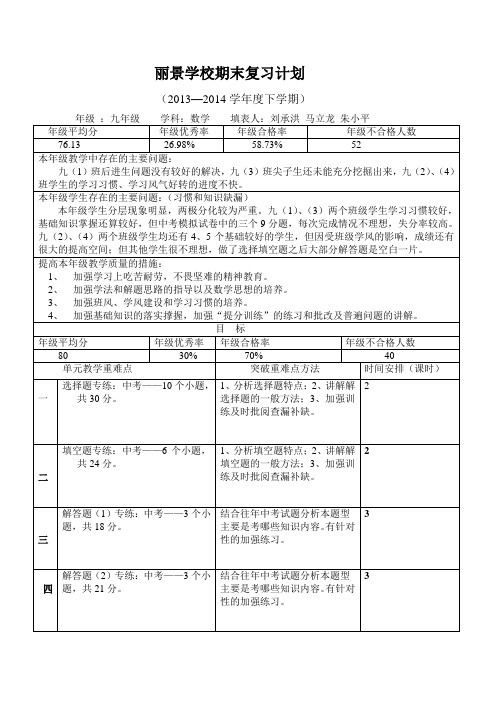 丽景学校13-14下九年级数学复习计划