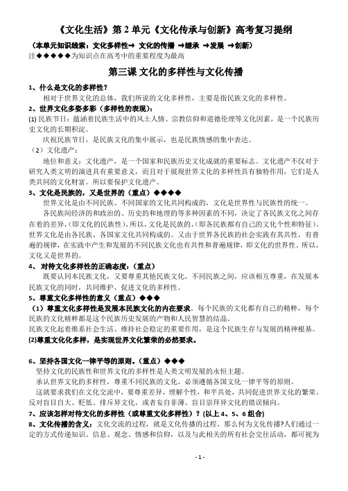 《文化生活》复习提纲重点提示：第二单元文化传承与创新