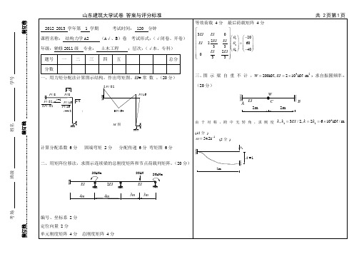 山东建筑大学结构力试卷 答案与评分标准