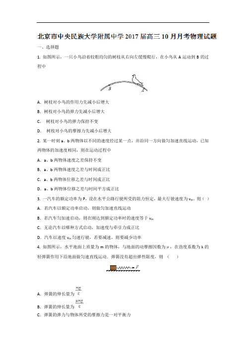 北京市中央民族大学附属中学2018届高三10月月考物理试题