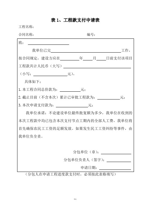 表1、工程款支付申请表