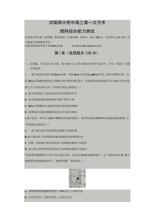 河南省师范大学附属中学2018届高三8月开学考试理科综合试题扫描版缺答案