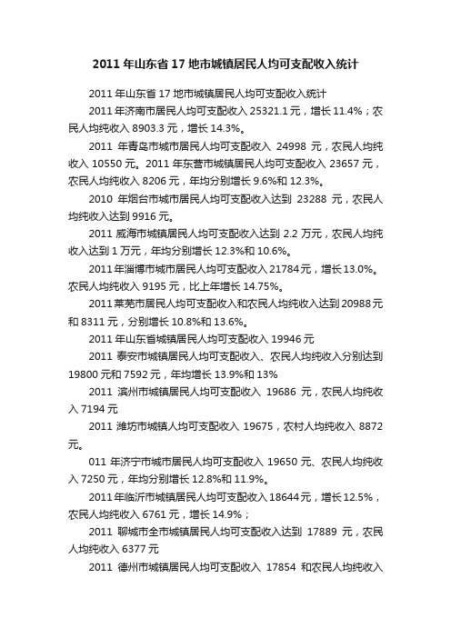 2011年山东省17地市城镇居民人均可支配收入统计