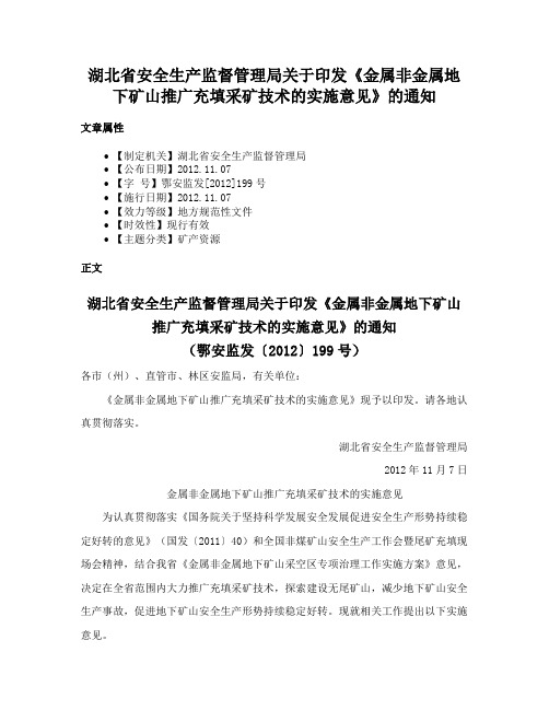 湖北省安全生产监督管理局关于印发《金属非金属地下矿山推广充填采矿技术的实施意见》的通知