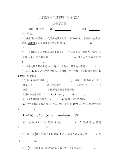 人教版六年级数学下册数与代数综合复习题