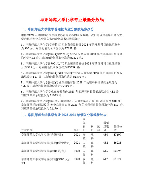 阜阳师范大学化学专业最低分数线