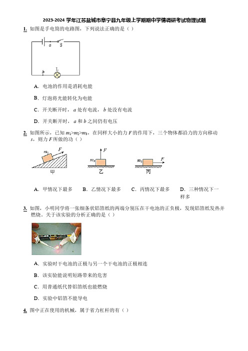 2023-2024学年江苏盐城市阜宁县九年级上学期期中学情调研考试物理试题