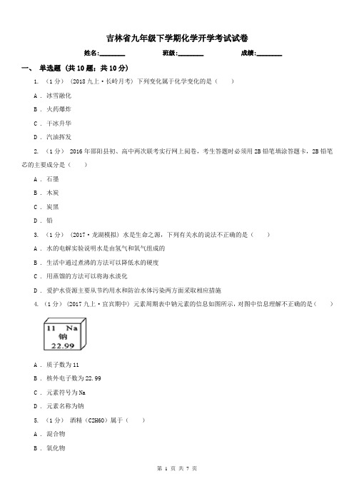 吉林省九年级下学期化学开学考试试卷