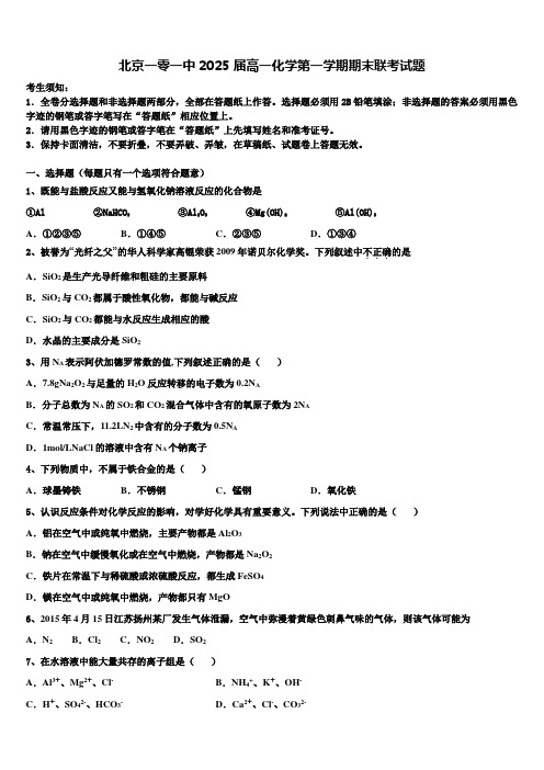 北京一零一中2025届高一化学第一学期期末联考试题含解析