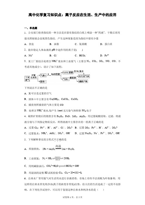 高中化学复习知识点：离子反应在生活、生产中的应用