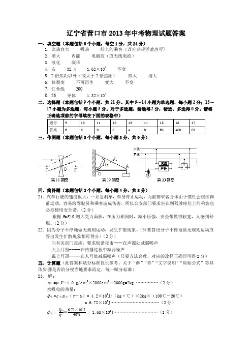 2020年最新整理辽宁省营口市2013年中考物理试题答案