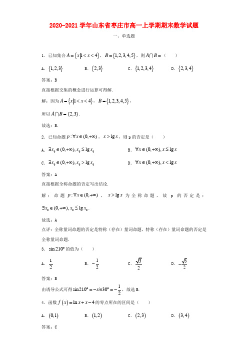 2020-2021学年山东省枣庄市高一上学期期末数学试题及答案