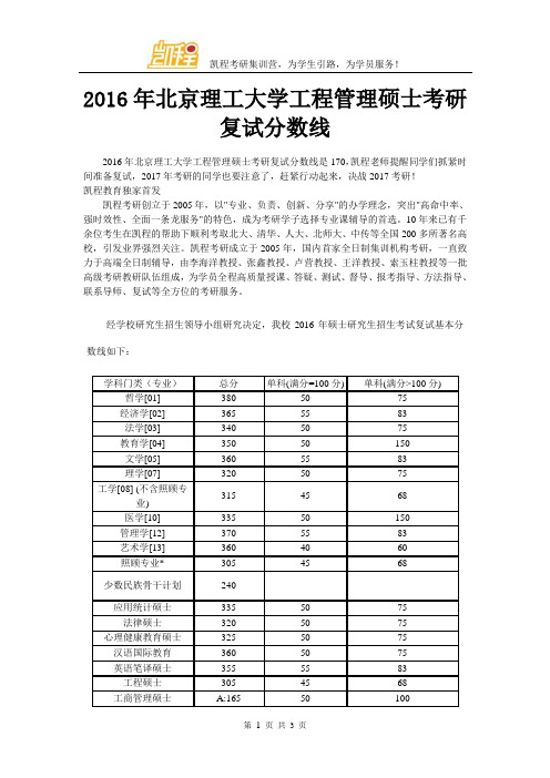 2016年北京理工大学工程管理硕士考研复试分数线