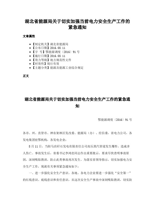 湖北省能源局关于切实加强当前电力安全生产工作的紧急通知