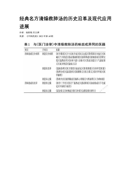 经典名方清燥救肺汤的历史沿革及现代应用进展