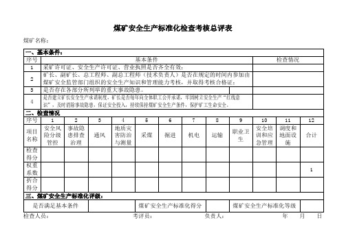 煤矿安全生产标准化检查考核总评表