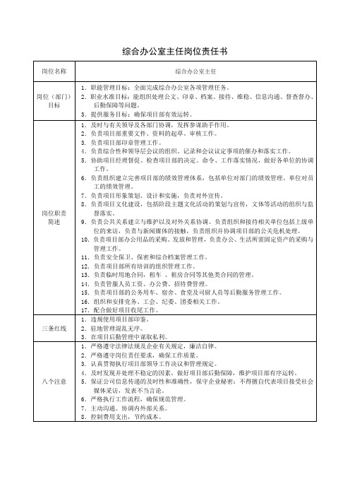 综合办公室主任岗位责任书