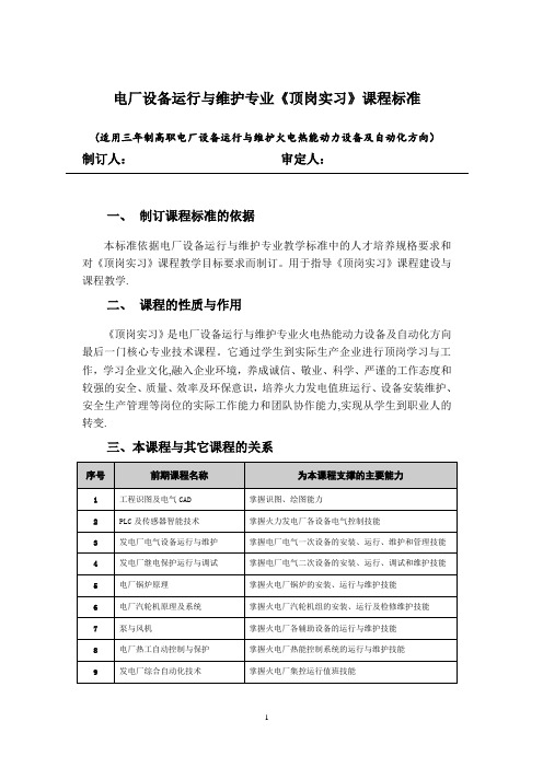 电厂设备运行与维护专业顶岗实习教学标准(火电)