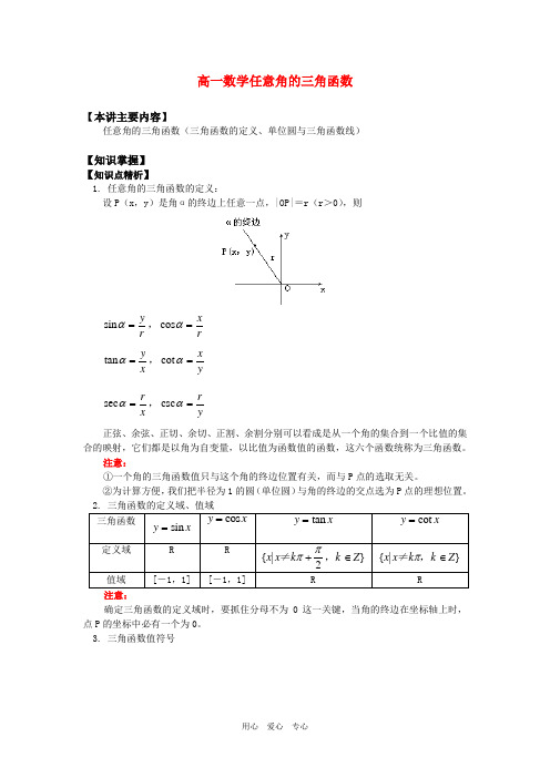 高一数学任意角的三角函数知识精讲.doc