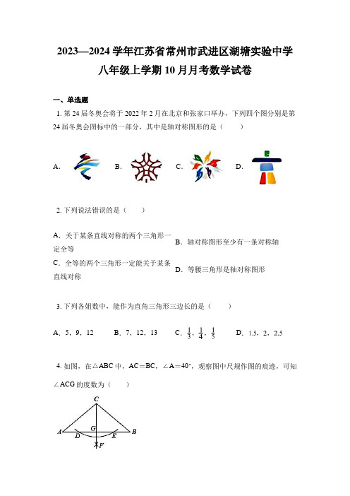 2023—2024学年江苏省常州市武进区湖塘实验中学八年级上学期10月月考数学试卷