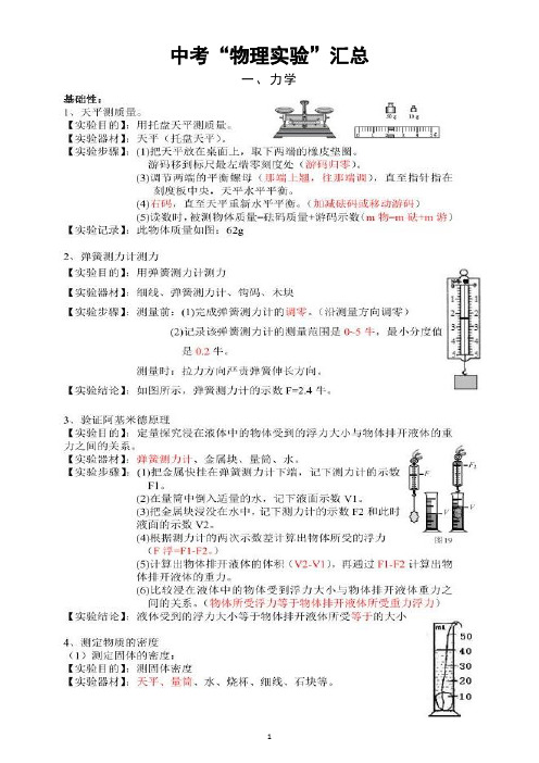 初中物理中考实验汇总(共三大部分15个,含实验步骤、操作、结论,中考99%离不开)