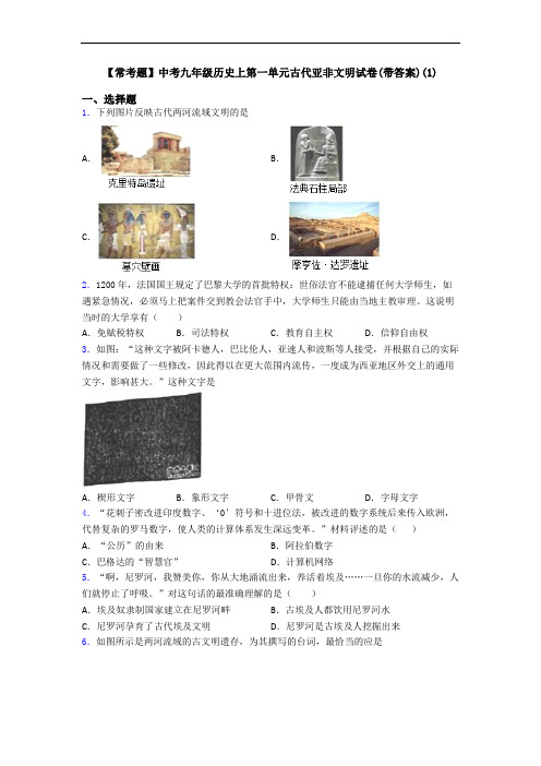 【常考题】中考九年级历史上第一单元古代亚非文明试卷(带答案)(1)