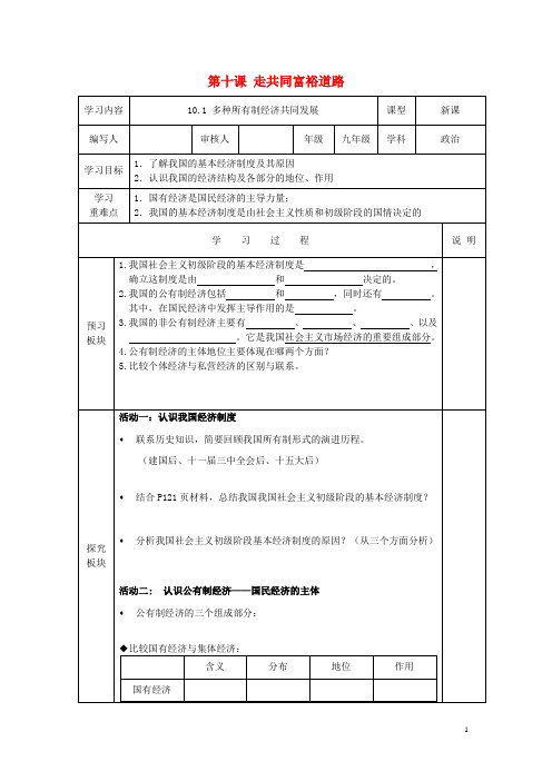 九年级政治全册 第十课 走共同富裕道路导学案(无答案)