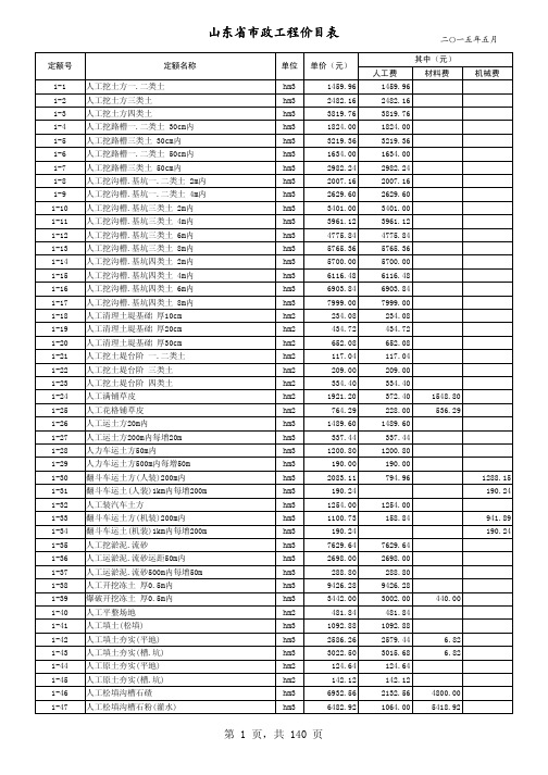 山东省市政工程消耗量定额价目表(XXXX年5月)