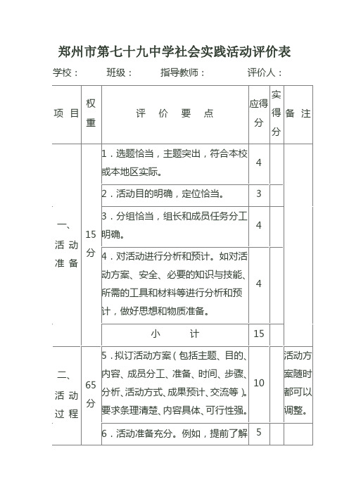 郑州市第七十九中学社会实践活动评价表