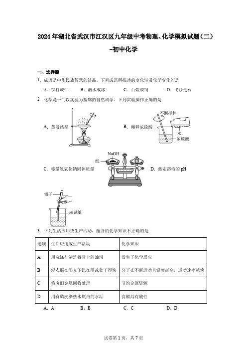 2024年湖北省武汉市江汉区九年级中考物理、化学模拟试题(二) -初中化学