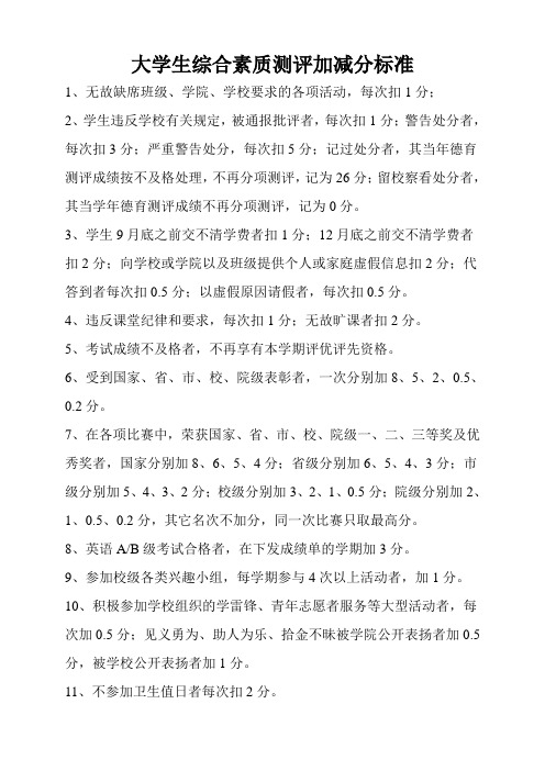 大学生综合素质测评加减分标准