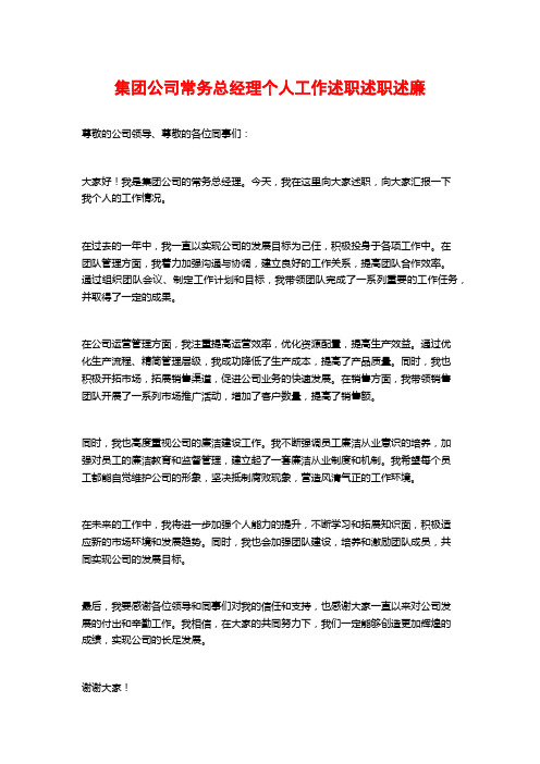 集团公司常务总经理个人工作述职述职述廉