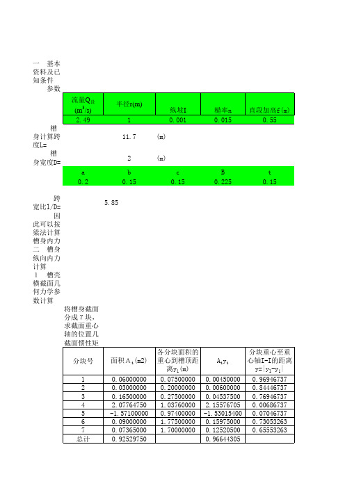 U型渡槽结构计算和配筋计算EXCEL表格