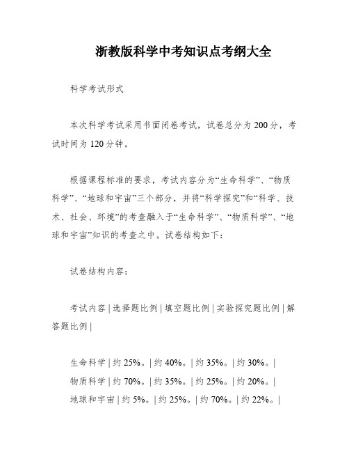 浙教版科学中考知识点考纲大全