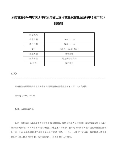 云南省生态环境厅关于印发云南省土壤环境重点监管企业名单（第二批）的通知-云环通〔2018〕211号