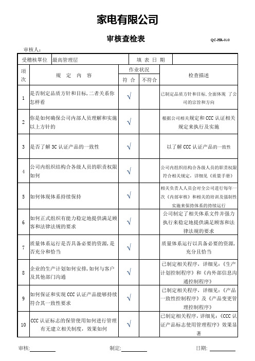 CCC认证记录表格-审核查检表1