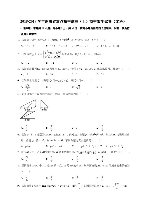 湖南重点高中2019届高三11月大联考文科数学(解析版)