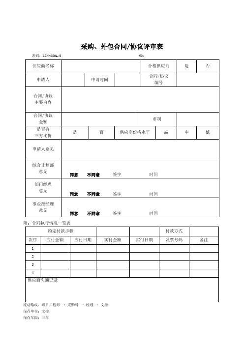 采购、外包合同协议评审表