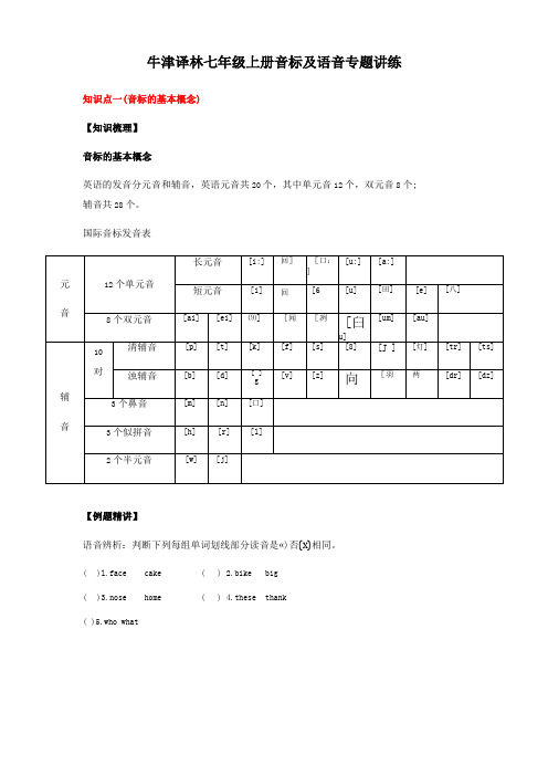 初中英语牛津译林七年级上册音标及语音专题讲练